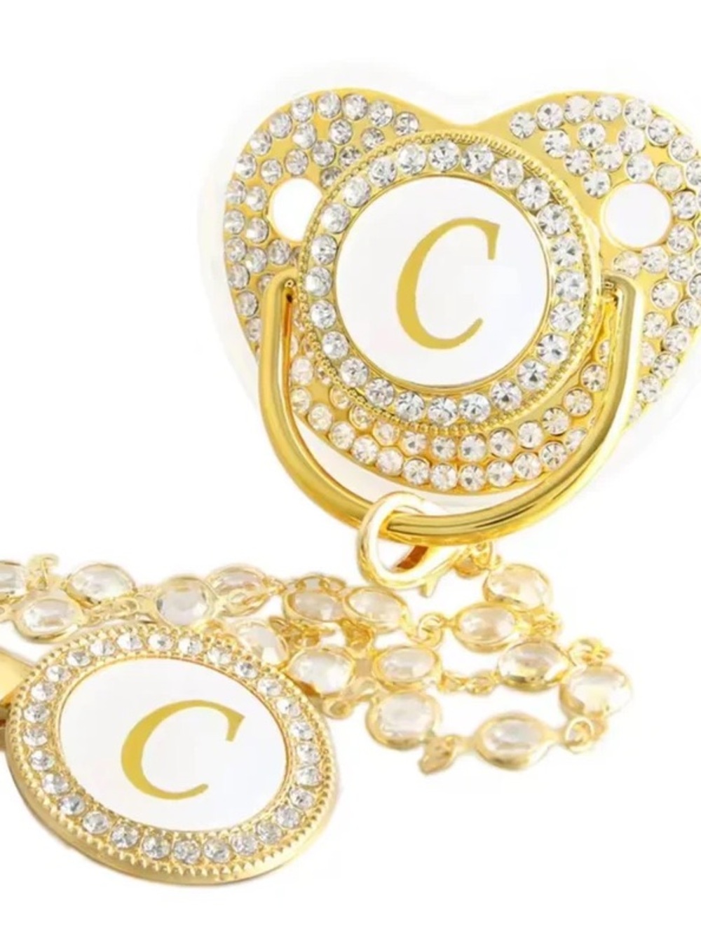 Gold rhinestone pacifier with charm letter C